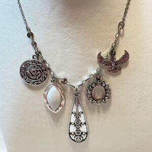 2/$20 Silver Tone 5 Charms Ohm Phoenix Oval Crystal Long Pear & White Marquee